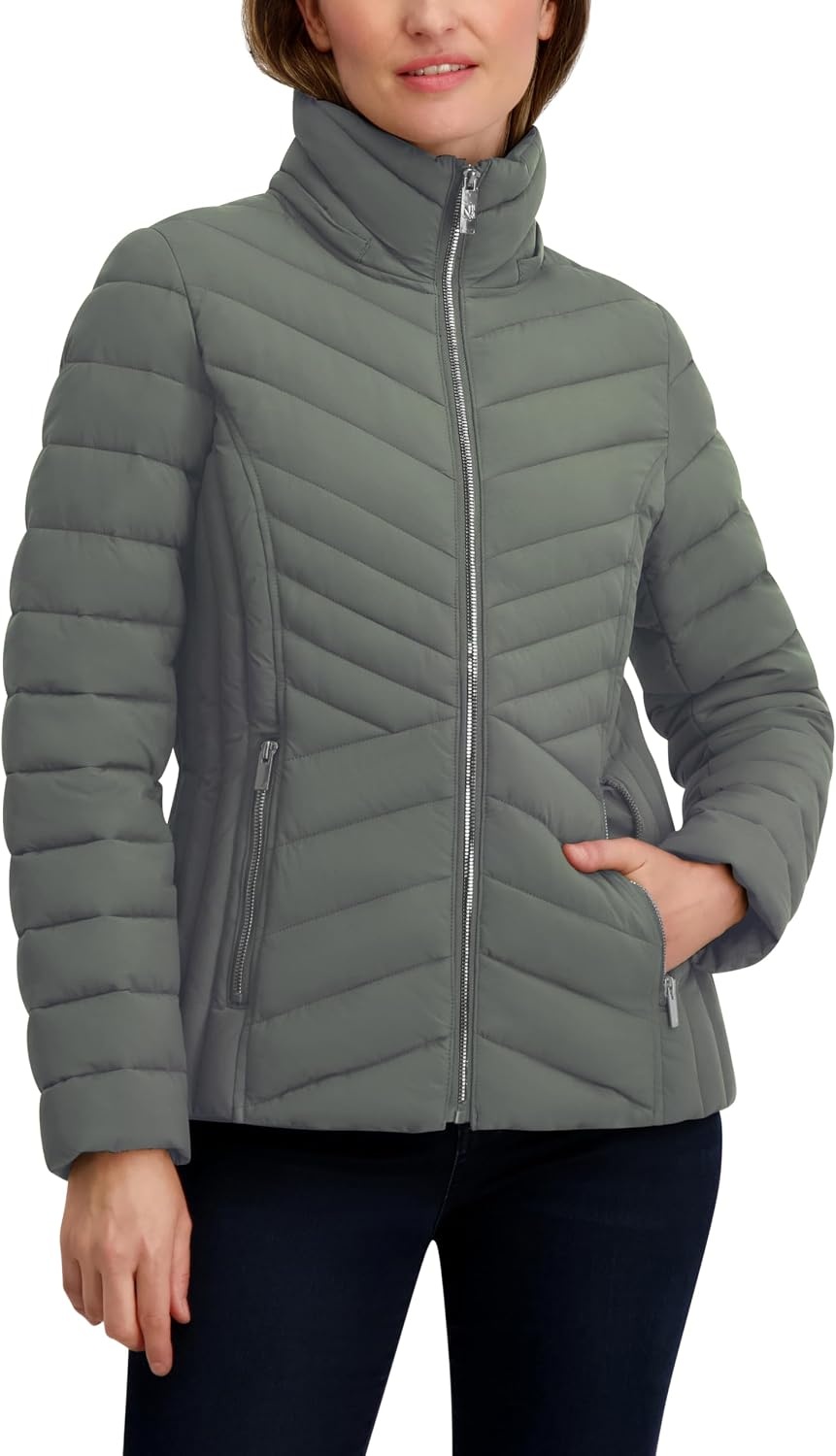image:imageNautica Womens Stretch Puffer Jacket detachable Faux Fur Hood Midweight Waterresistant CoatMoss