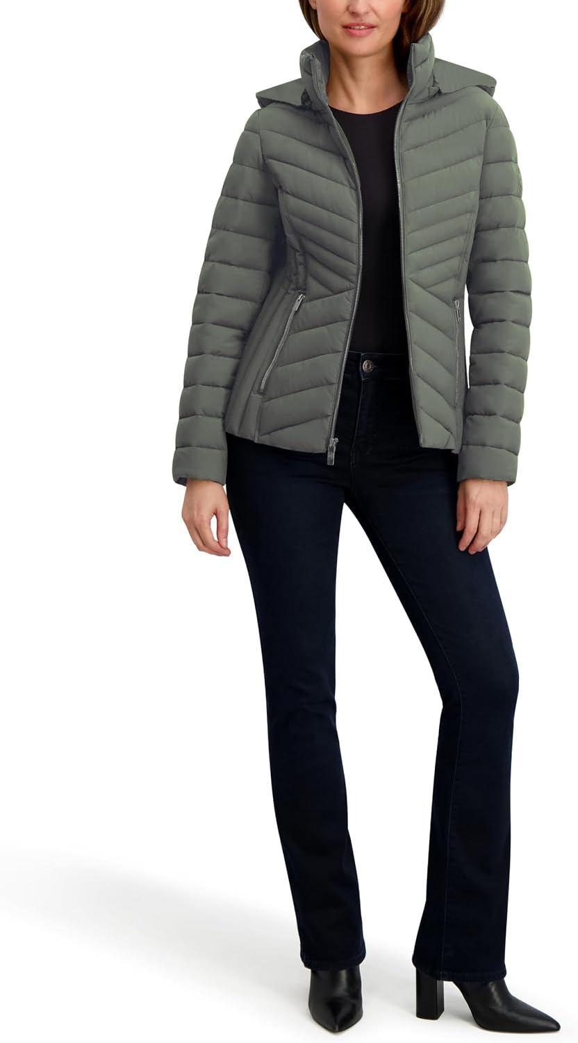image:imageNautica Womens Stretch Puffer Jacket detachable Faux Fur Hood Midweight Waterresistant CoatMoss