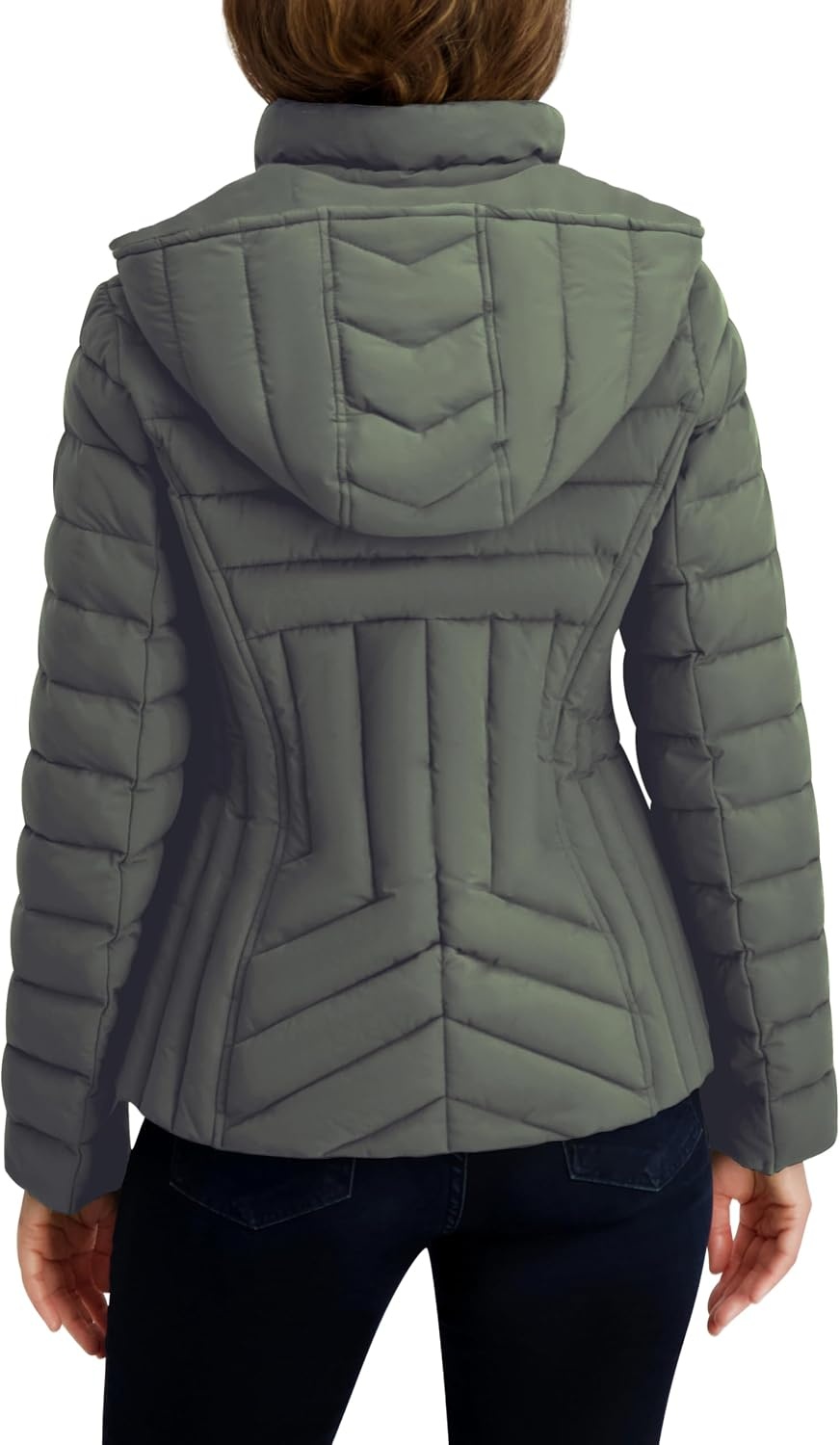 image:imageNautica Womens Stretch Puffer Jacket detachable Faux Fur Hood Midweight Waterresistant CoatMoss