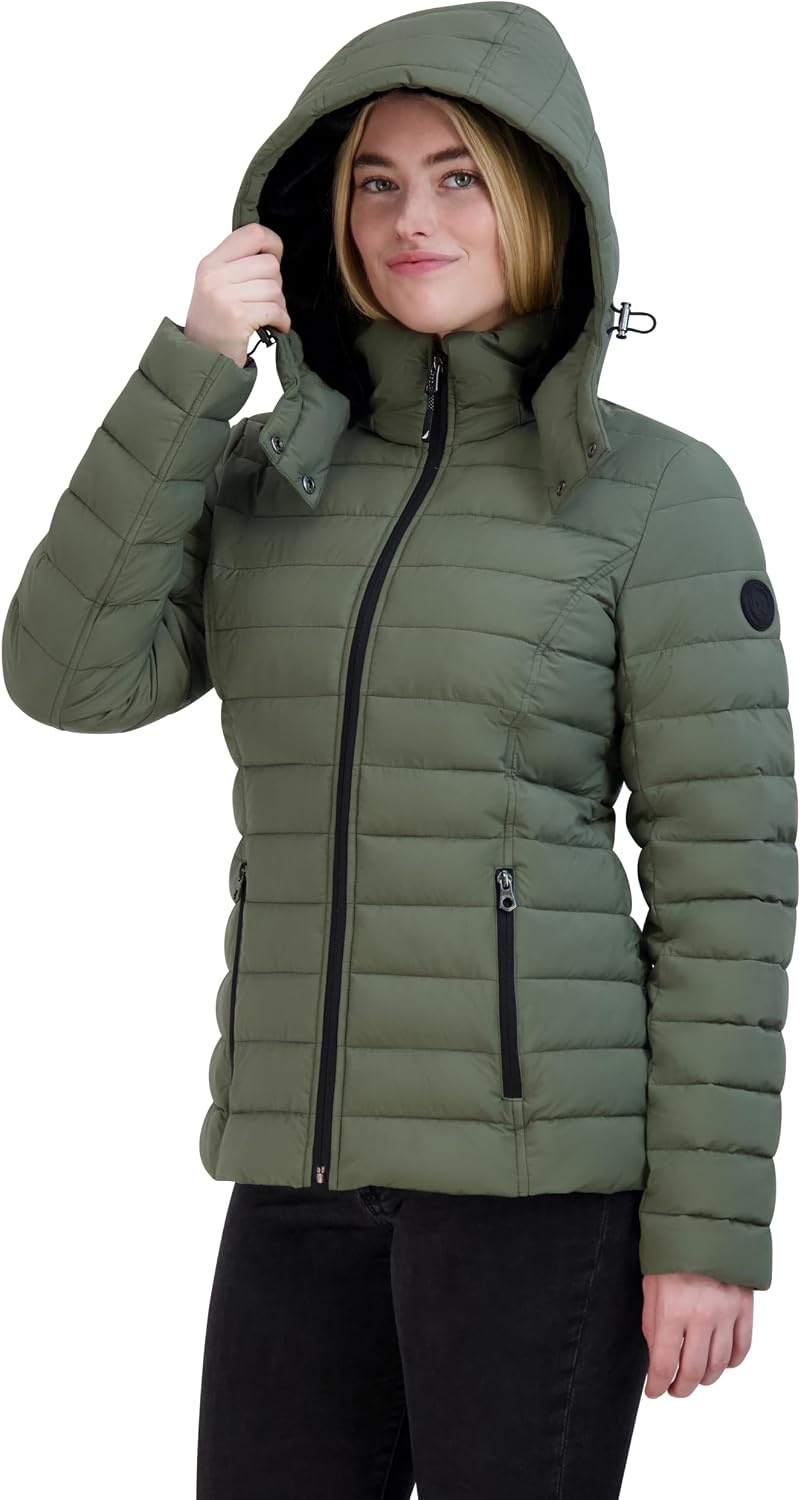 image:imageNautica Womens Stretch Puffer Jacket detachable Faux Fur Hood Midweight Waterresistant CoatSage