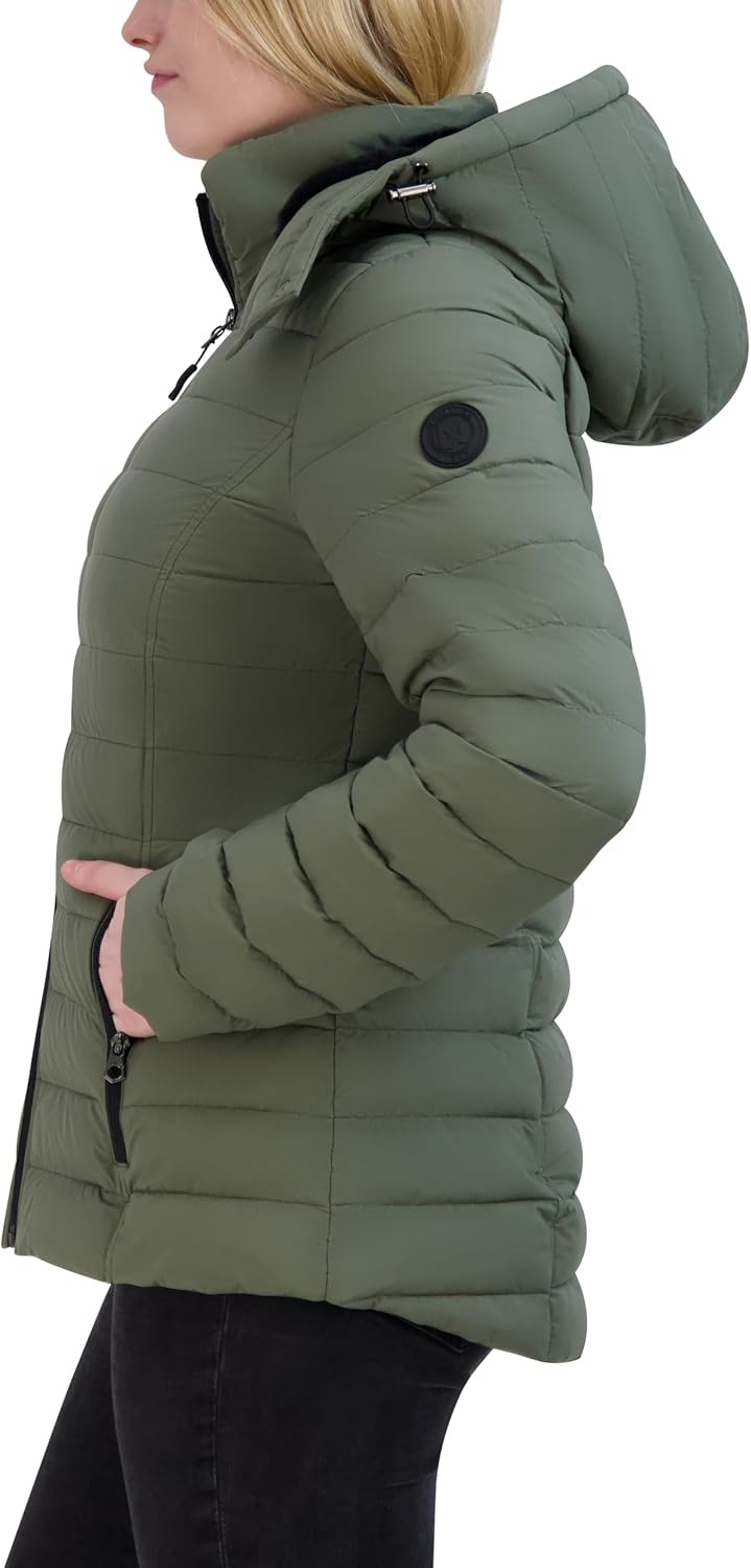image:imageNautica Womens Stretch Puffer Jacket detachable Faux Fur Hood Midweight Waterresistant CoatSage