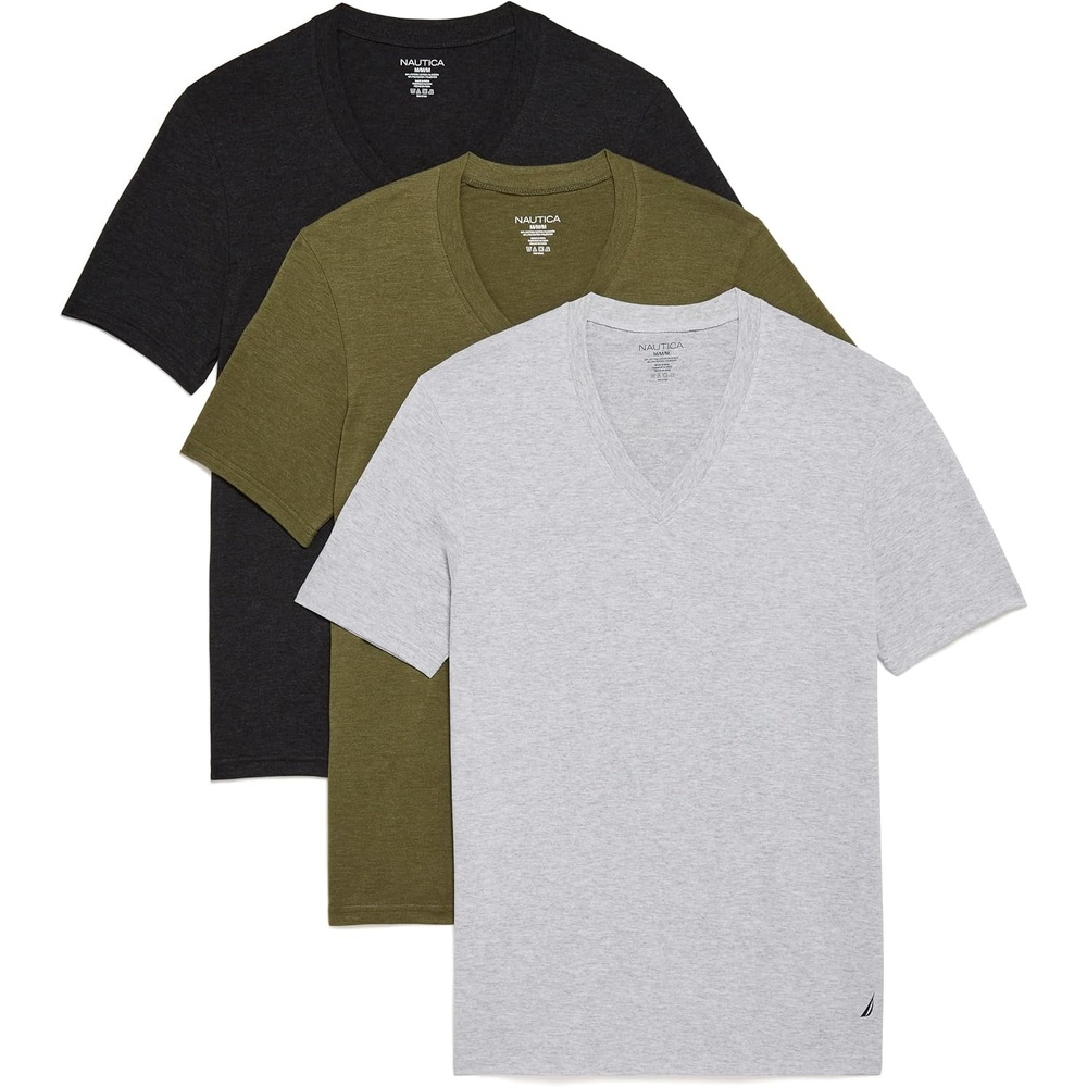 image:imageNautica Mens 3Pack Cotton VNeck TShirtBlackArmy Forest GreenSnow Heather