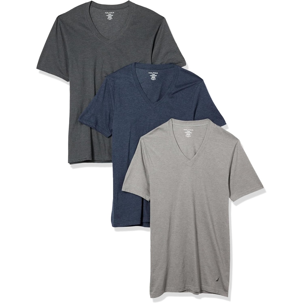 image:imageNautica Mens 3Pack Cotton VNeck TShirtLight GreyCharcoalPeacoat Heather
