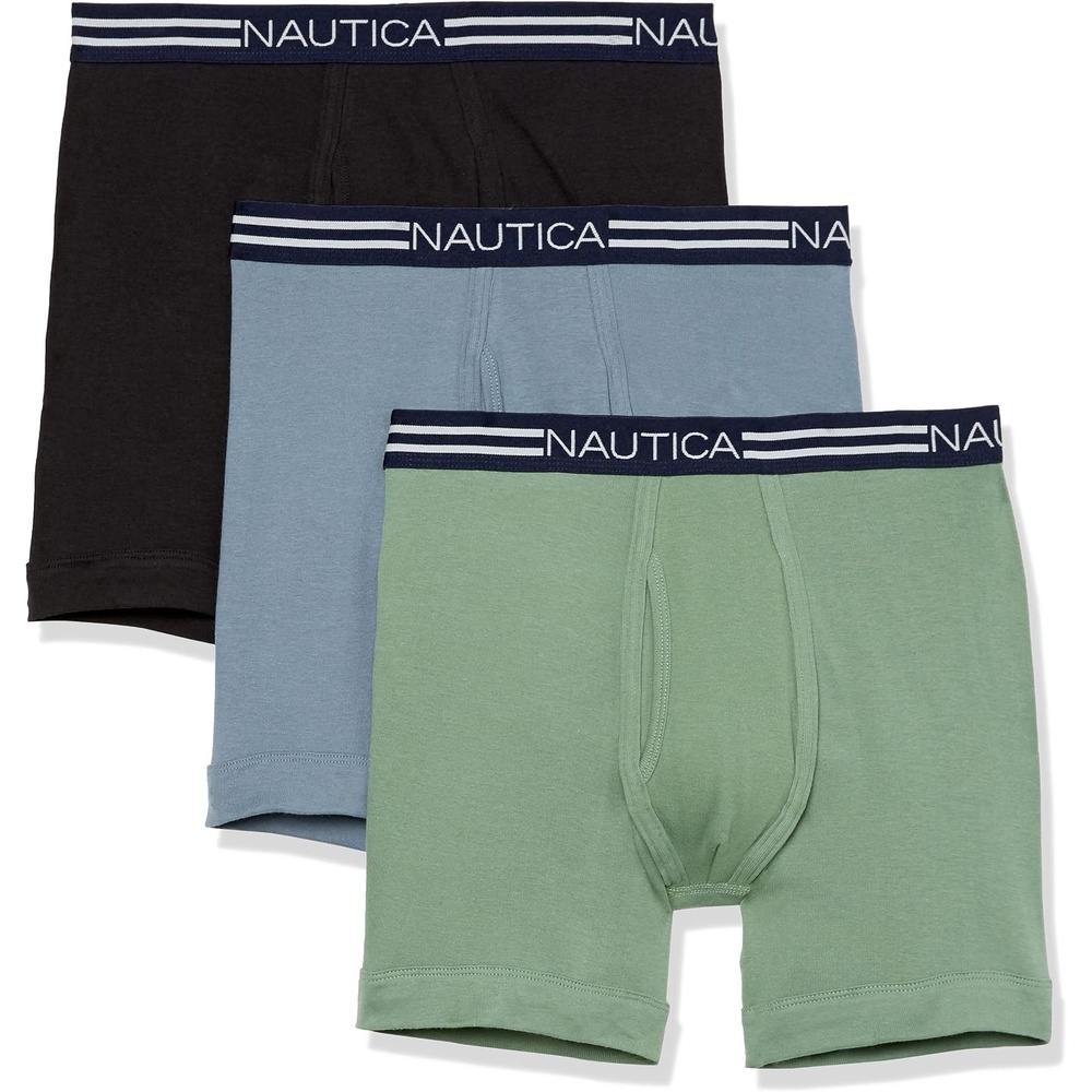 image:imageNautica Mens Classic Cotton 3Pack Boxer BriefsBlackDark IvySummit Blue