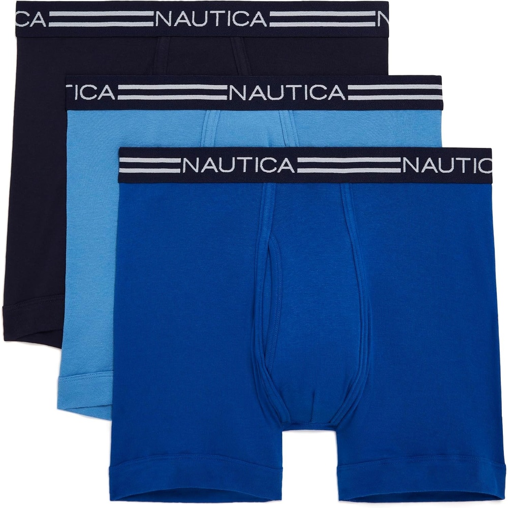 image:imageNautica Mens Classic Cotton 3Pack Boxer BriefsPeacoatAero BlueSea Cobalt