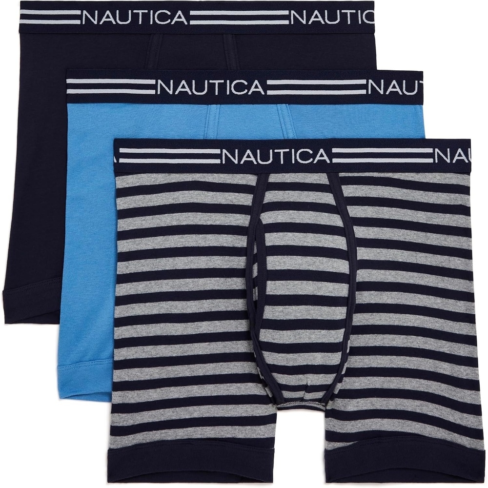image:imageNautica Mens Classic Cotton 3Pack Boxer BriefsPeacoatAero BlueStripe Heather Grey Peacoat