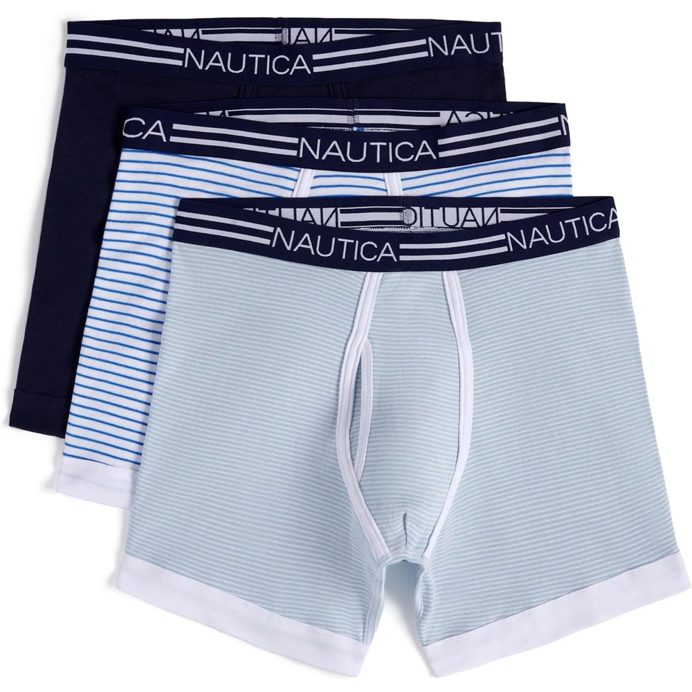 image:imageNautica Mens Classic Cotton 3Pack Boxer BriefsPeacoatFeder StripeBreton Stripe