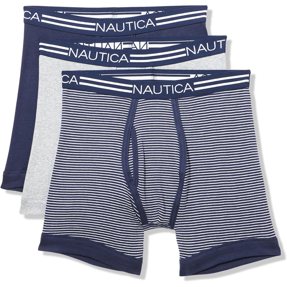 image:imageNautica Mens Classic Cotton 3Pack Boxer BriefsPeacoatHeather GreyStripe 2 White