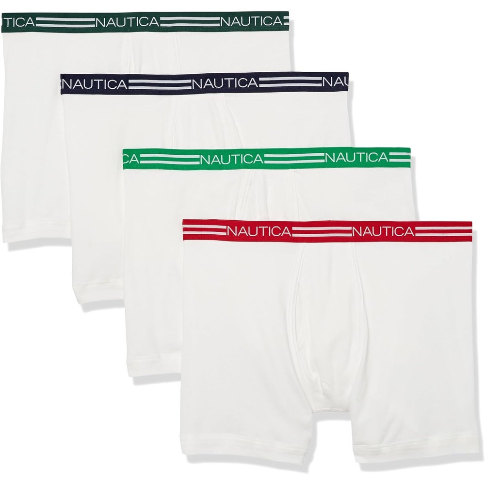 image:imageNautica Mens Classic Cotton 4pack Boxer BriefsWhite PeacoatJolly GreenNautica RedTidal Green Waistbands