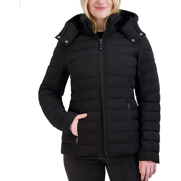 image:imageNautica Womens Faux Fur Trim Hooded Midweight Puffer JacketJet Black