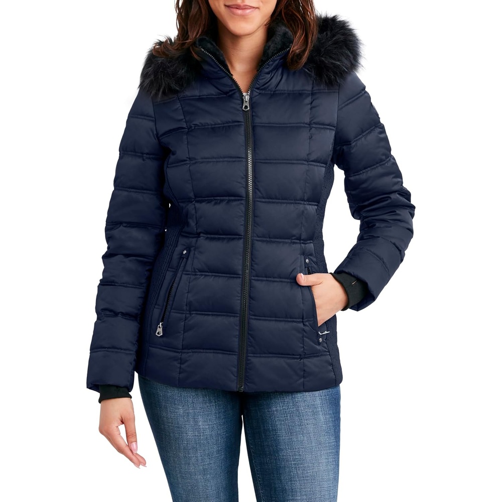image:imageNautica Womens Faux Fur Trim Hooded Midweight Puffer JacketNavy