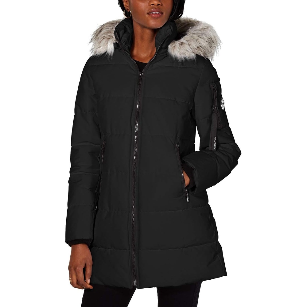 image:imageNautica Womens Heavyweight Puffer JacketFaux FurLined Hood Wind amp WaterResistant Winter CoatInk Jet