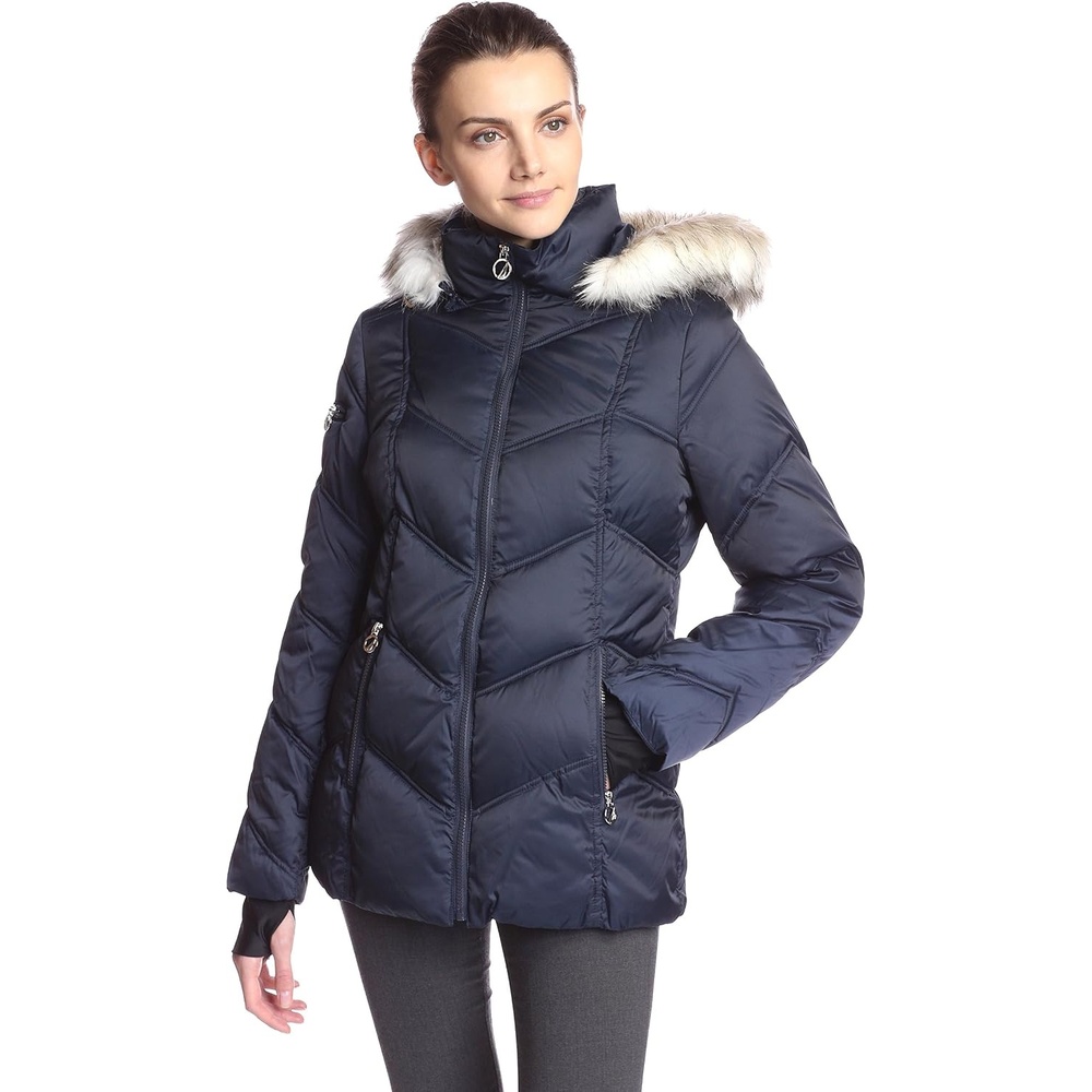image:imageNautica Womens Short Stretch Puffer JacketDetachable Faux Fur Hood amp Storm CuffsMarine