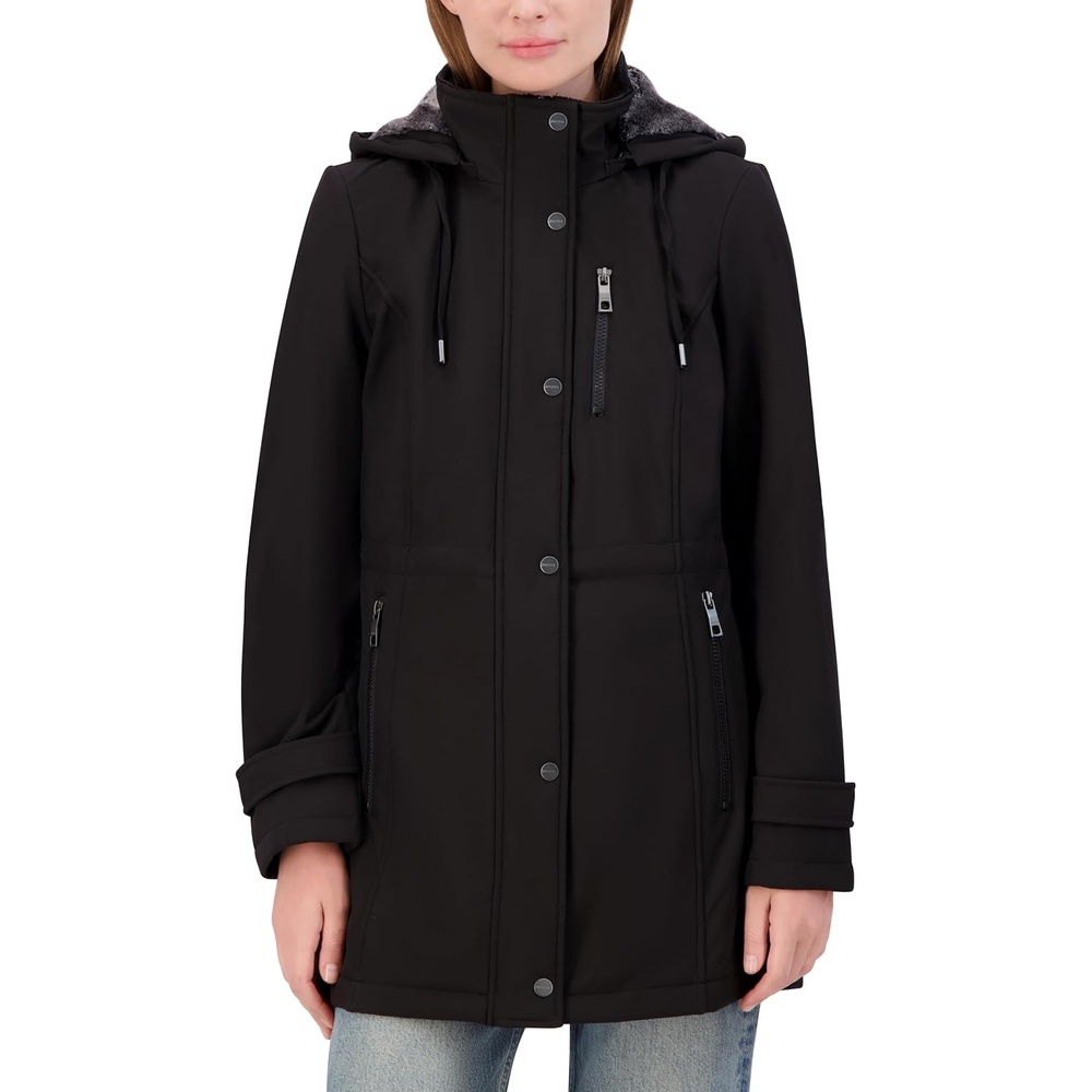 image:imageNautica Womens Softshell Jacket WaterResistant Transitional Coat Faux Fur Hood Adjustable WaistCaviar