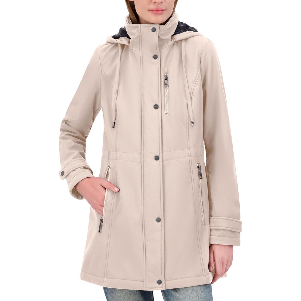 image:imageNautica Womens Softshell Jacket WaterResistant Transitional Coat Faux Fur Hood Adjustable WaistSoft Beige