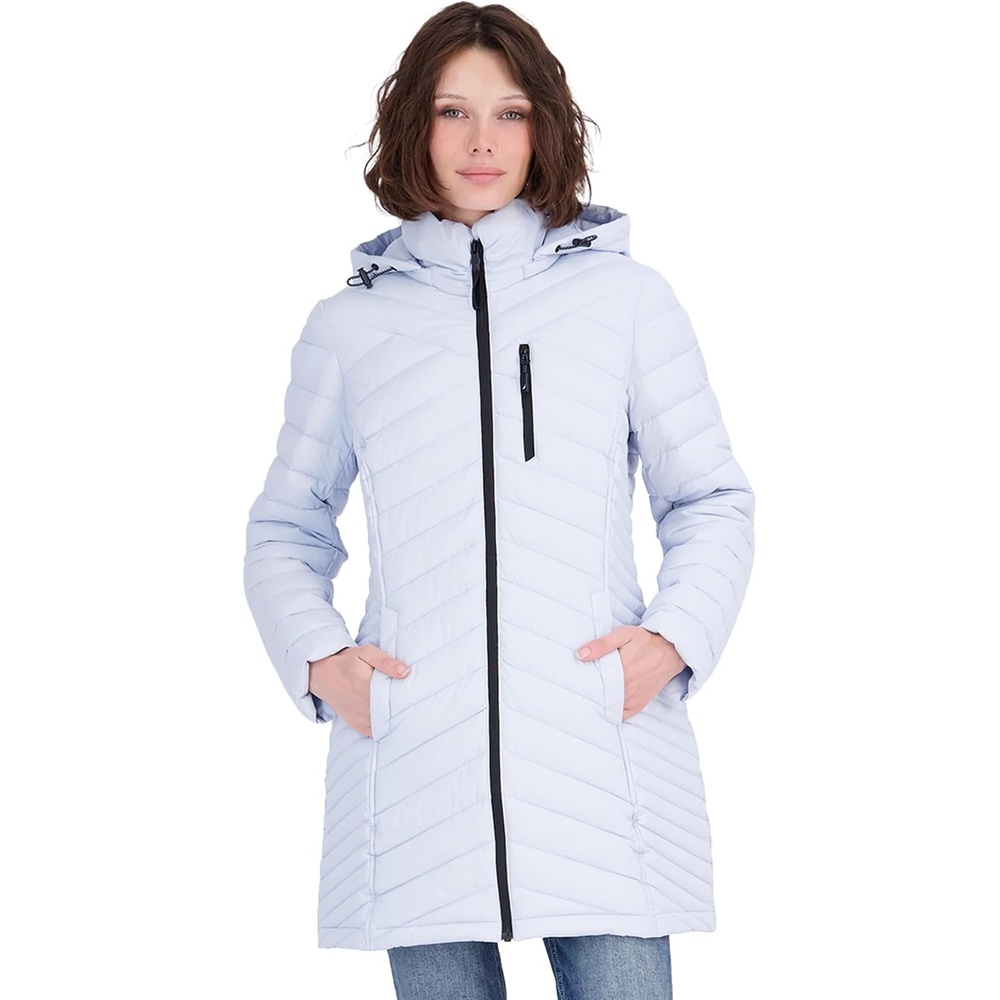 image:imageNautica Womens Stretch Puffer Jacket Midweight Quilted Coat Detachable HoodHeather Blue