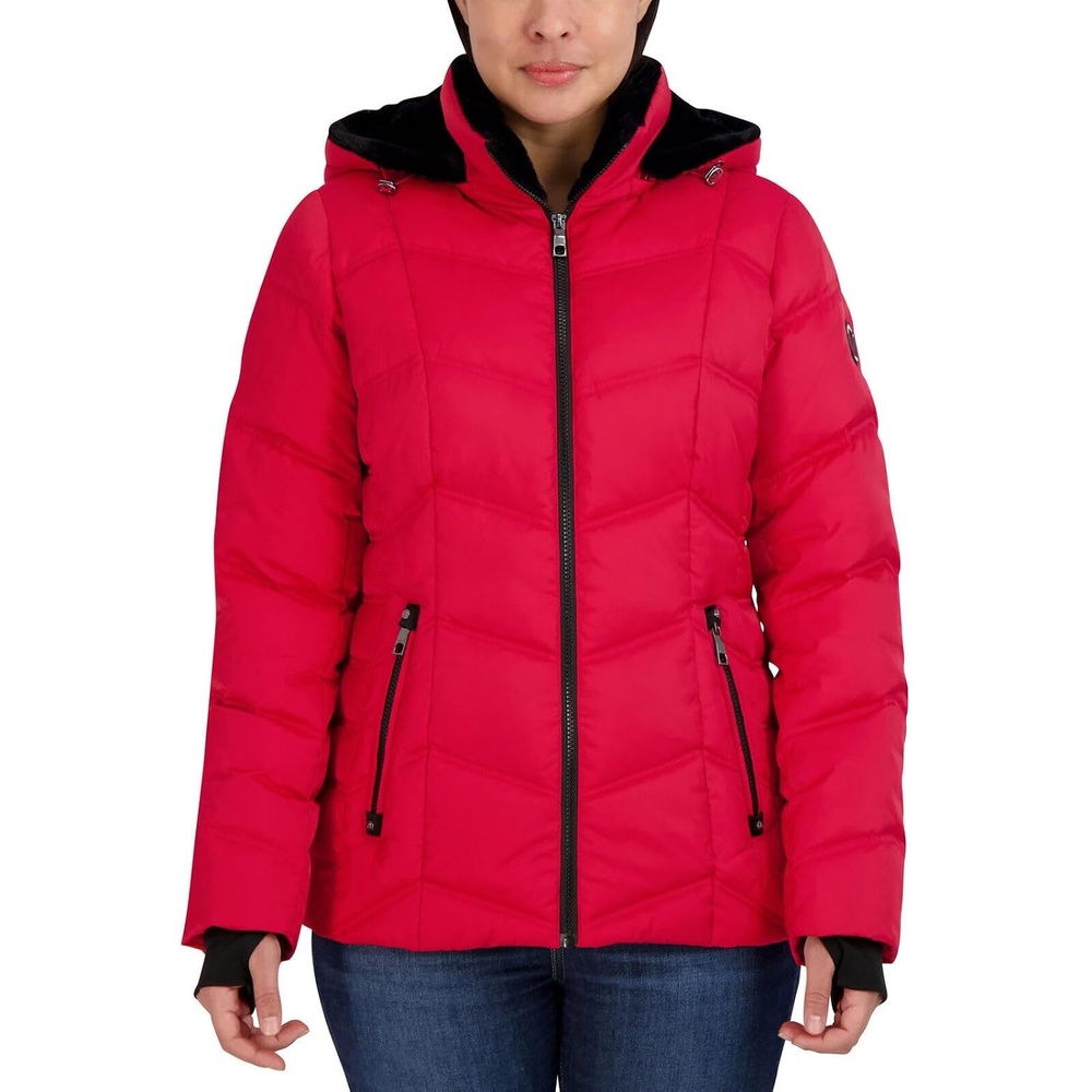 image:imageNautica Womens Stretch Puffer Jacket Midweight Short Stretch Coat with Detachable HoodRed