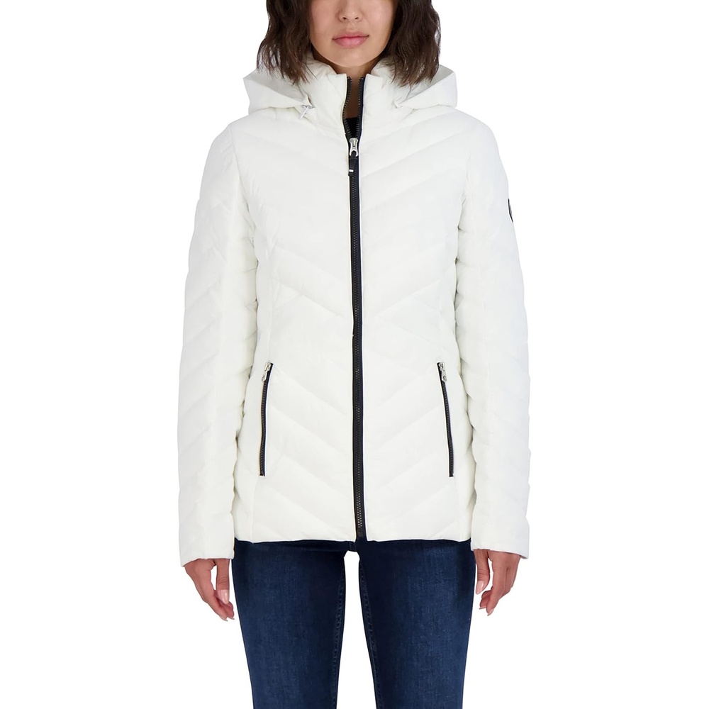 image:imageNautica Womens Stretch Puffer Jacket Midweight Short Stretch Coat with Detachable HoodWinter White