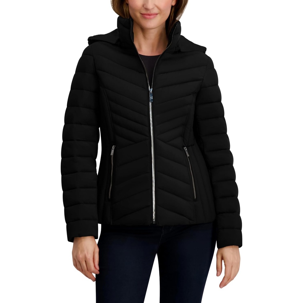 image:imageNautica Womens Stretch Puffer Jacket detachable Faux Fur Hood Midweight Waterresistant CoatEbony