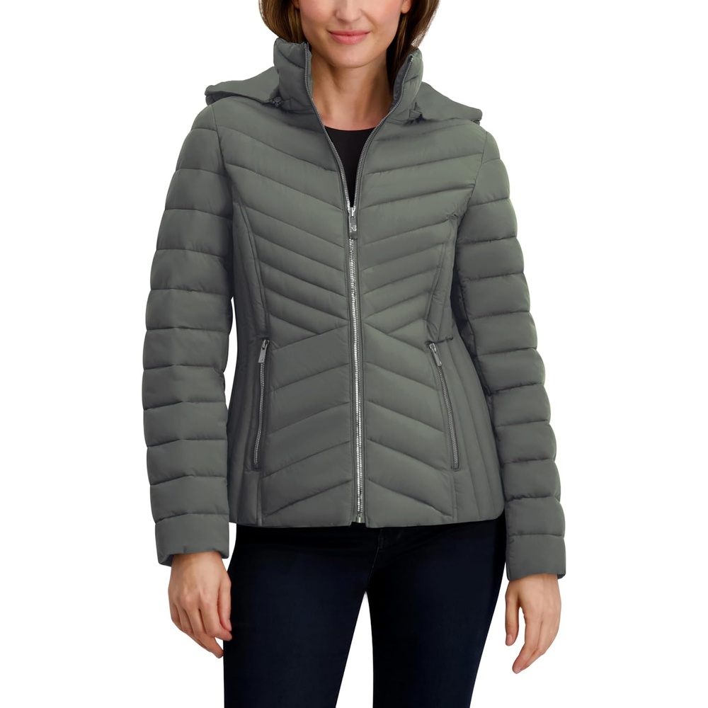 image:imageNautica Womens Stretch Puffer Jacket detachable Faux Fur Hood Midweight Waterresistant CoatMoss