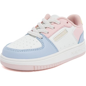 Nautica Girls Sneakers, Stylish Low-Top Tennis Shoes with Cushioned Insole for Everyday Wear, Toddler, Little Kids and Big Kids, Lace-Up/Bungee(White Pink Blue)
