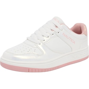 Nautica Girls Sneakers, Stylish Low-Top Tennis Shoes with Cushioned Insole for Everyday Wear, Toddler, Little Kids and Big Kids, Lace-Up/Bungee(White Shimmer Pink)