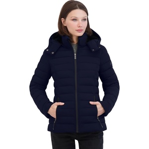 Nautica Women’s Short Stretch Puffer Jacket With Fur Hood.(Navy Seas)