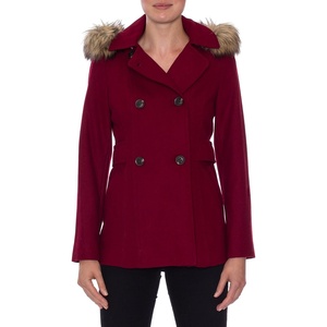 Nautica Women’s Soft Wool Blend Peacoat – Double Breasted Winter Coat with Removable Hood(Red)