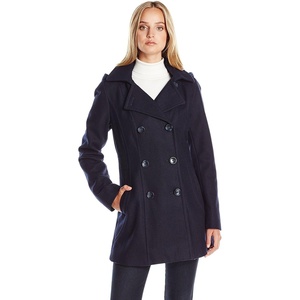 Nautica Women’s Soft Wool Blend Peacoat – Double Breasted Winter Coat with Removable Hood(Vintage Navy)