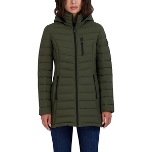 Nautica Women’s Stretch Puffer Jacket – Midweight Quilted Coat Detachable Hood(Mil Green)
