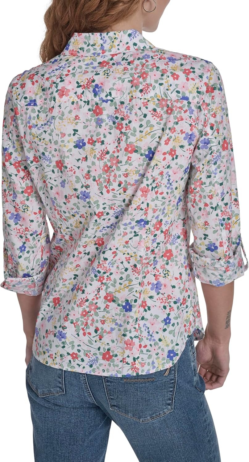 image:imageNautica Womens Button Front Long Sleeve Roll Tab ShirtNew Bright White Multi