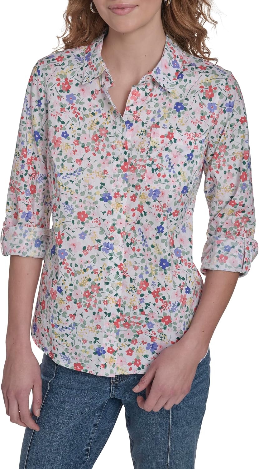 image:imageNautica Womens Button Front Long Sleeve Roll Tab ShirtNew Bright White Multi