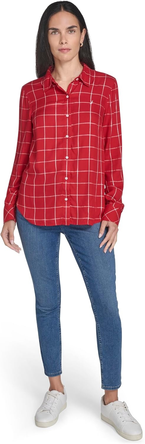 image:imageNautica Womens Button Front Long Sleeve Roll Tab ShirtNew Haute Red Multi