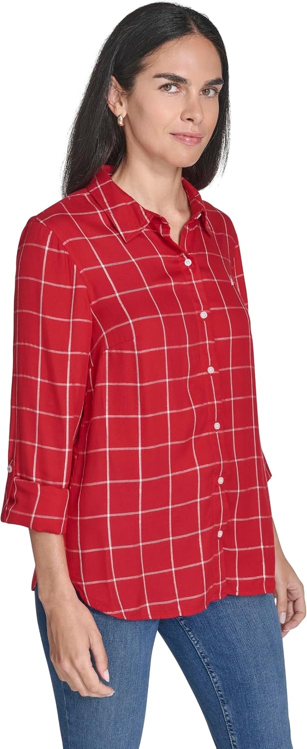 image:imageNautica Womens Button Front Long Sleeve Roll Tab ShirtNew Haute Red Multi