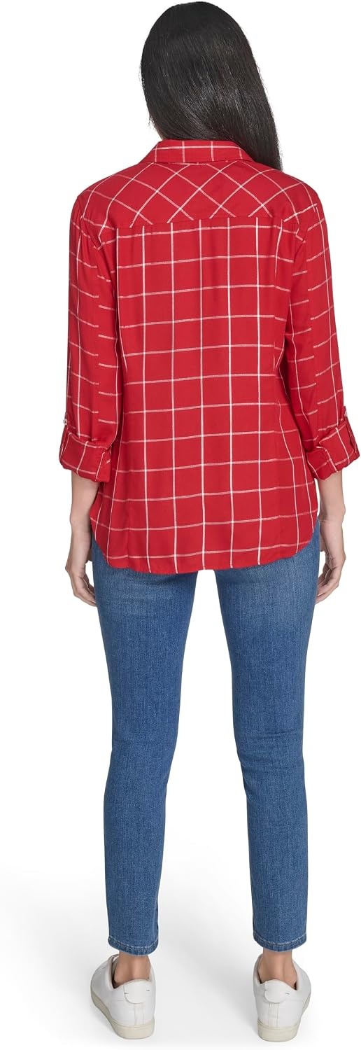 image:imageNautica Womens Button Front Long Sleeve Roll Tab ShirtNew Haute Red Multi