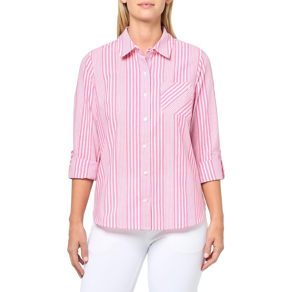 image:imageNautica Womens Button Front Long Sleeve Roll Tab ShirtAster Pink Multi