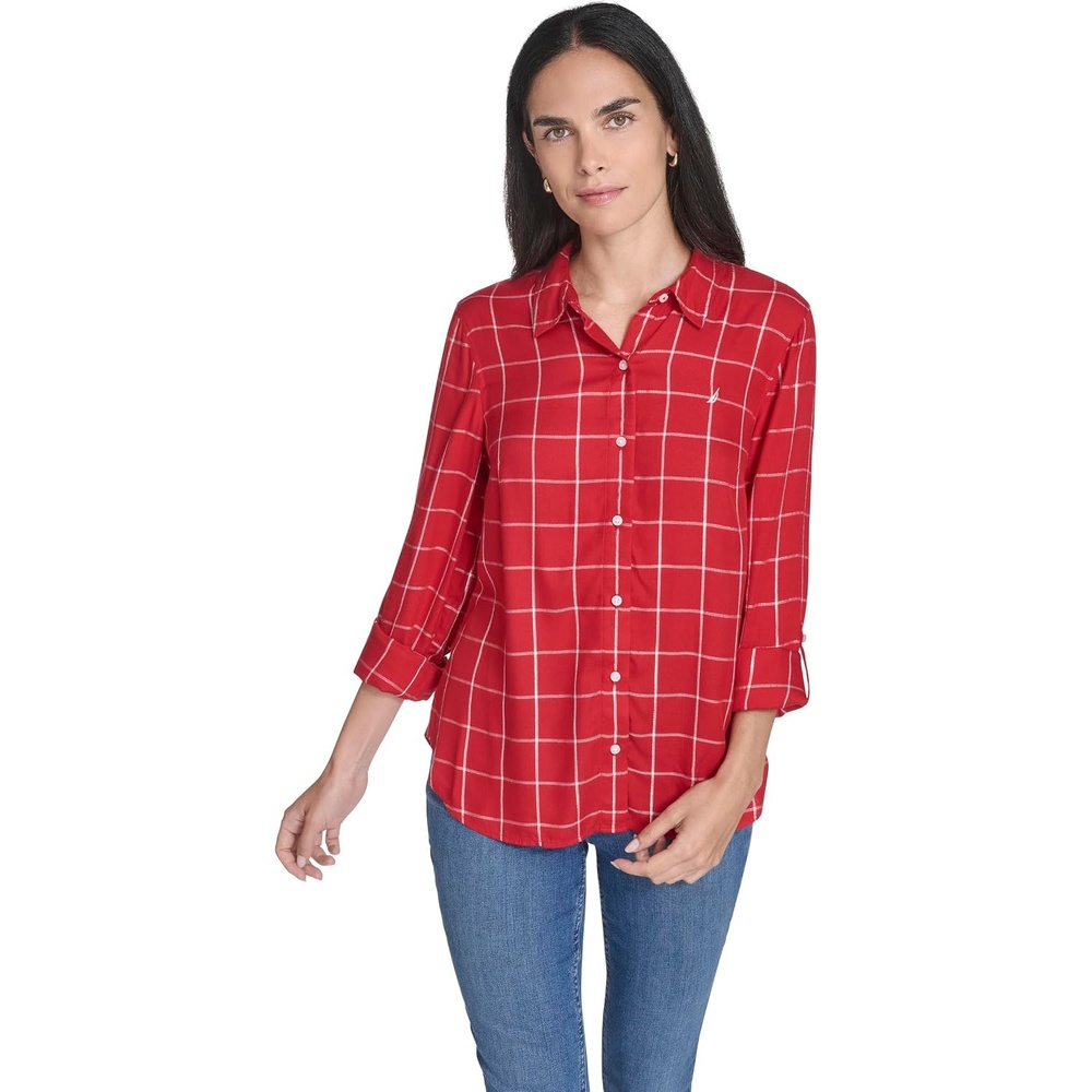 image:imageNautica Womens Button Front Long Sleeve Roll Tab ShirtNew Haute Red Multi