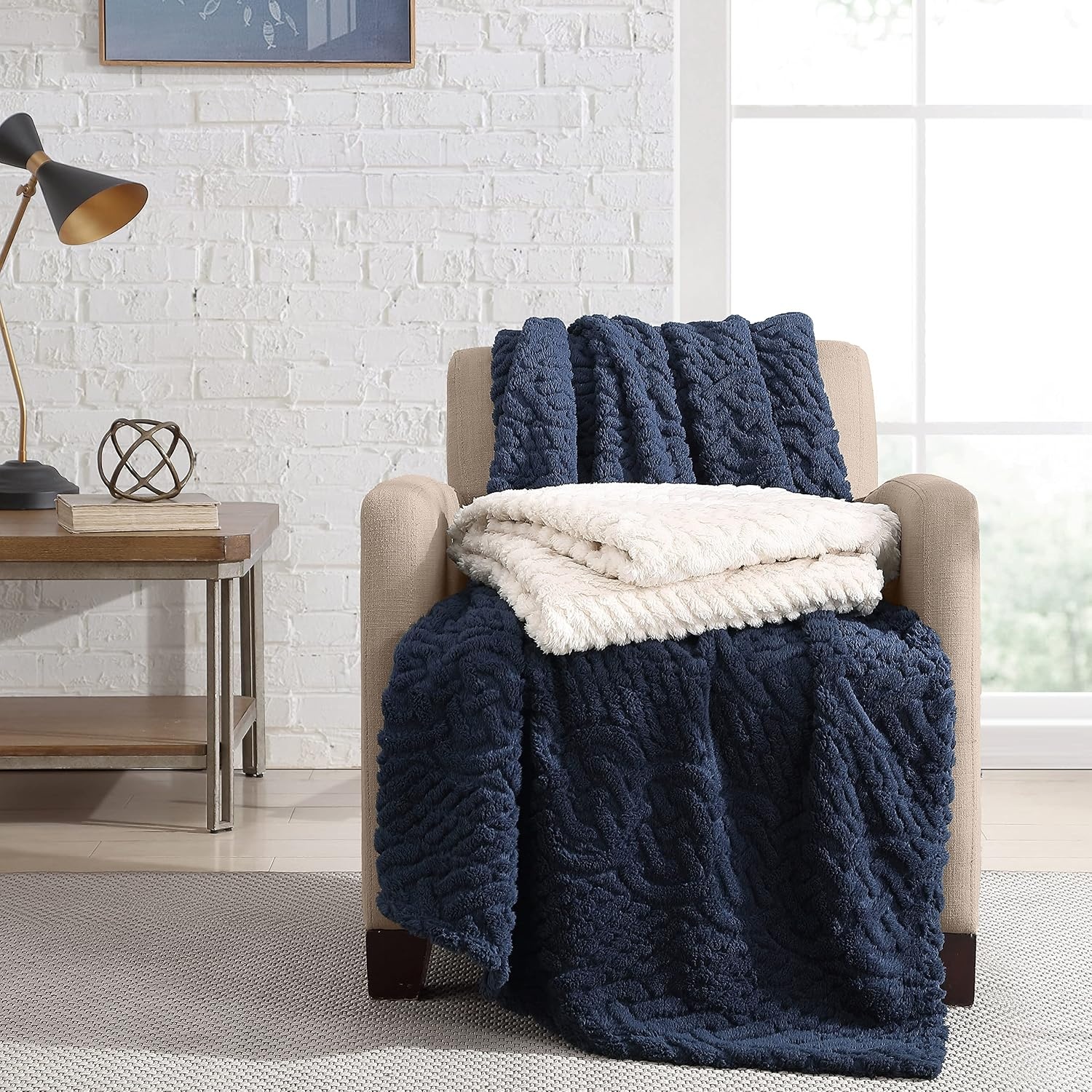 image:imageNautica Throw Blanket Soft Cable Knit Sherpa Bedding Ideal for Bed or Couch Declan Navy 50 x 60Declan Navy