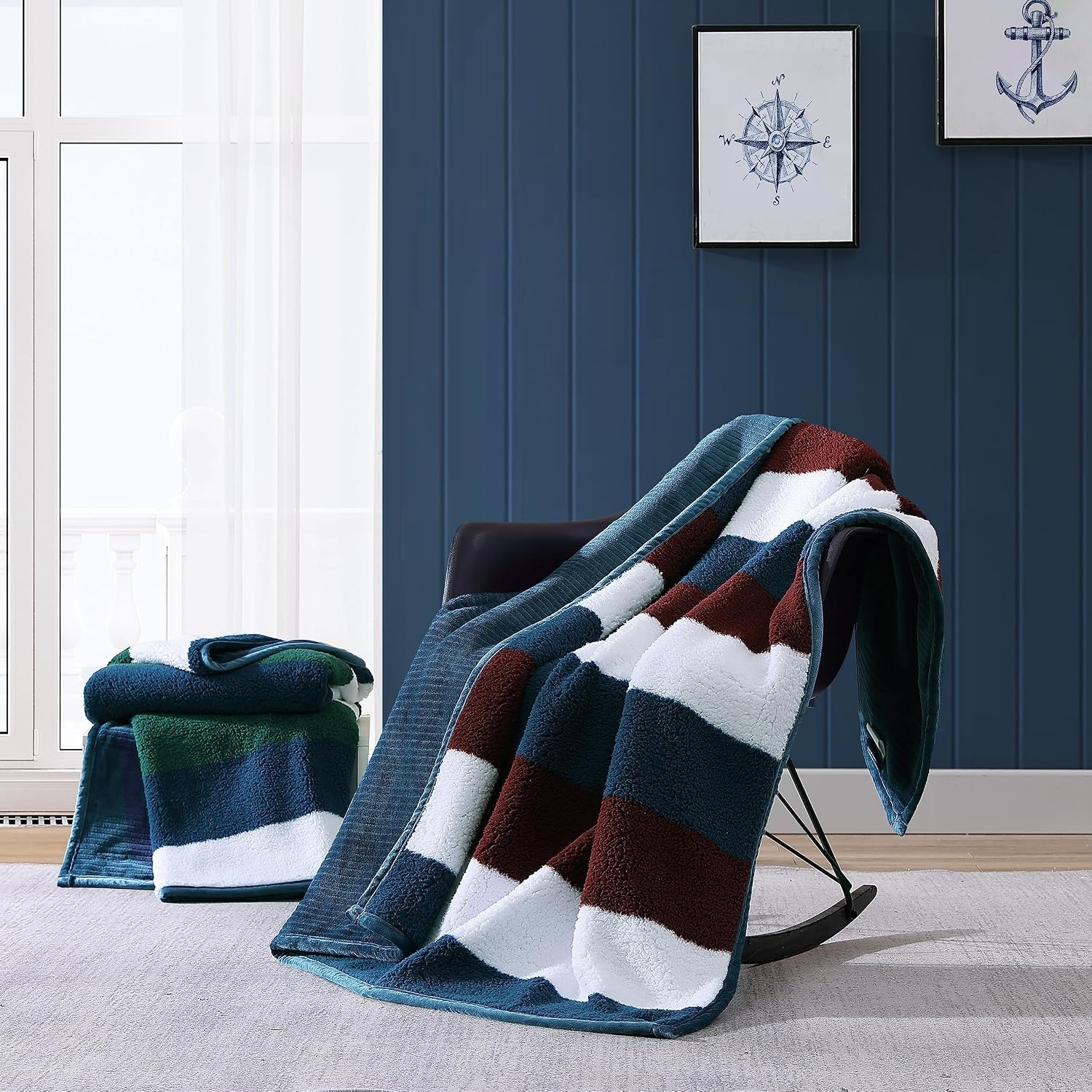 image:imageNautica Throw Blanket Soft Cable Knit Sherpa Bedding Ideal for Bed or Couch Declan Navy 50 x 60Wilton Navy