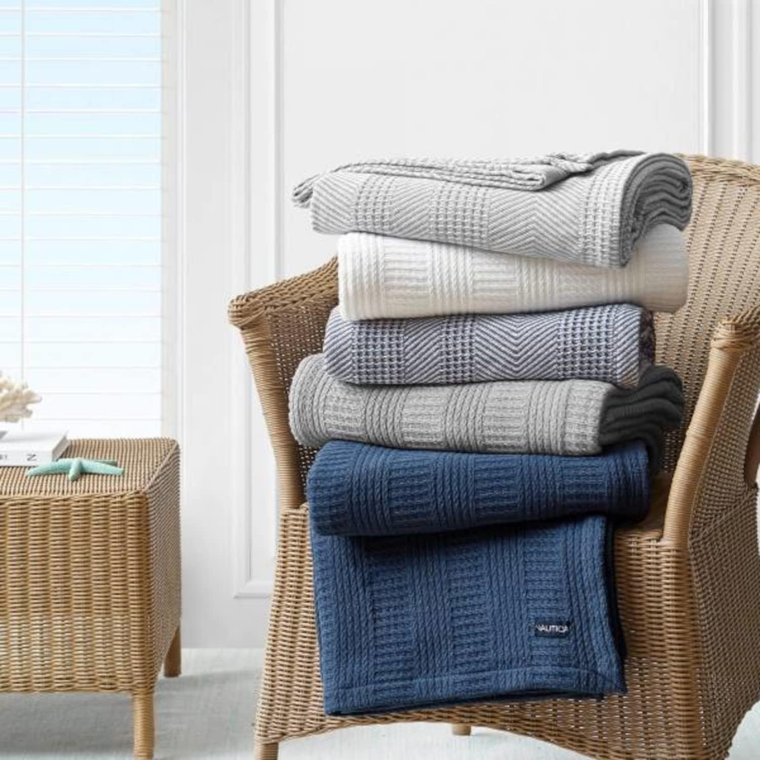 image:imageNautica Twin Blanket Woven Textured Cotton Bedding Ideal for Bed or Couch Dorm Essentials OekoTex Certified Rope Stripe WhiteGrey
