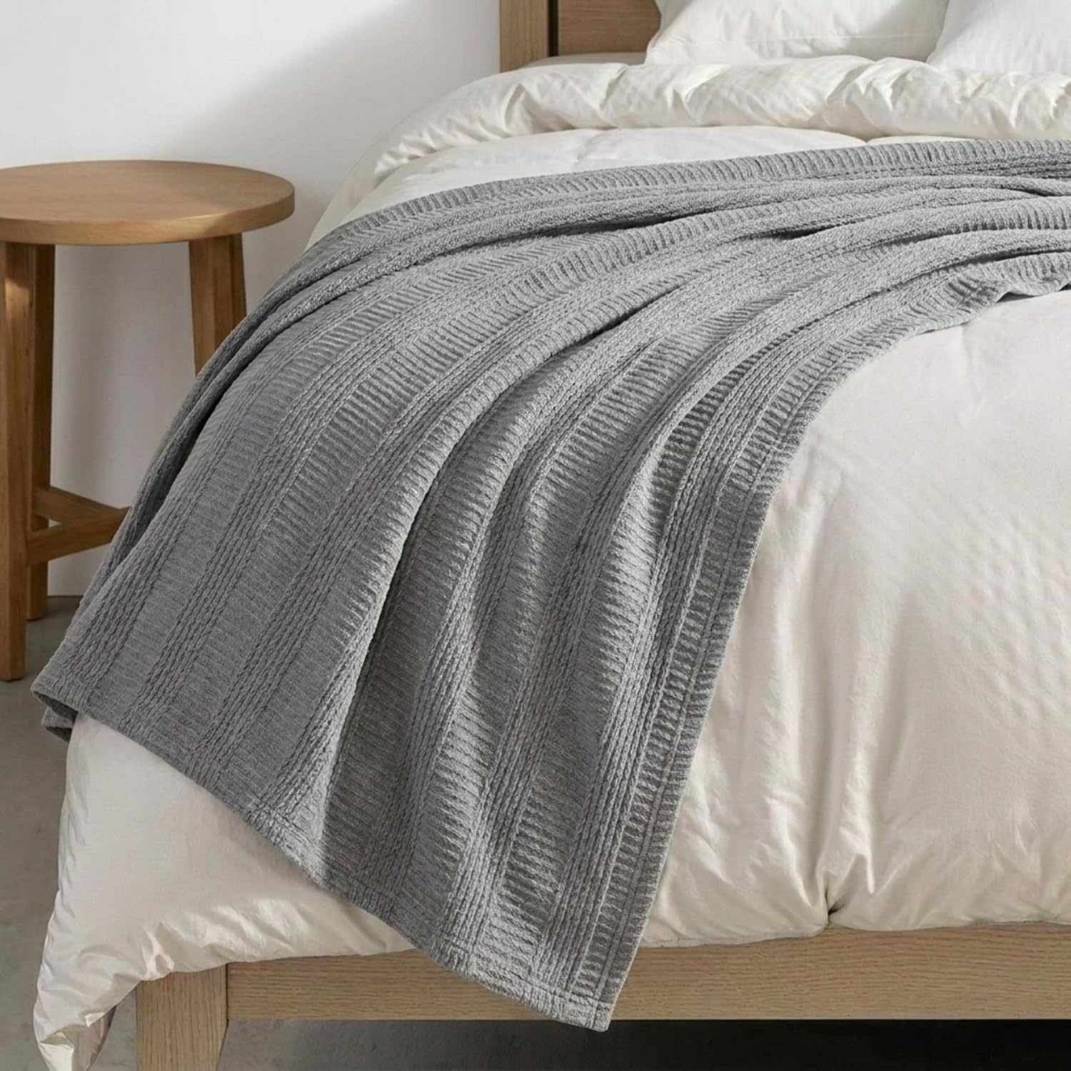 image:imageNautica Twin Blanket Woven Textured Cotton Bedding Ideal for Bed or Couch Dorm Essentials OekoTex Certified Rope Stripe WhiteGrey