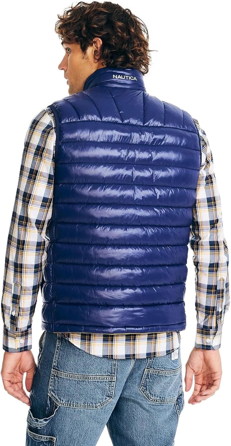 image:imageNautica Mens Lightweight Puffer Vest Wind amp WaterResistantBright Navy Red