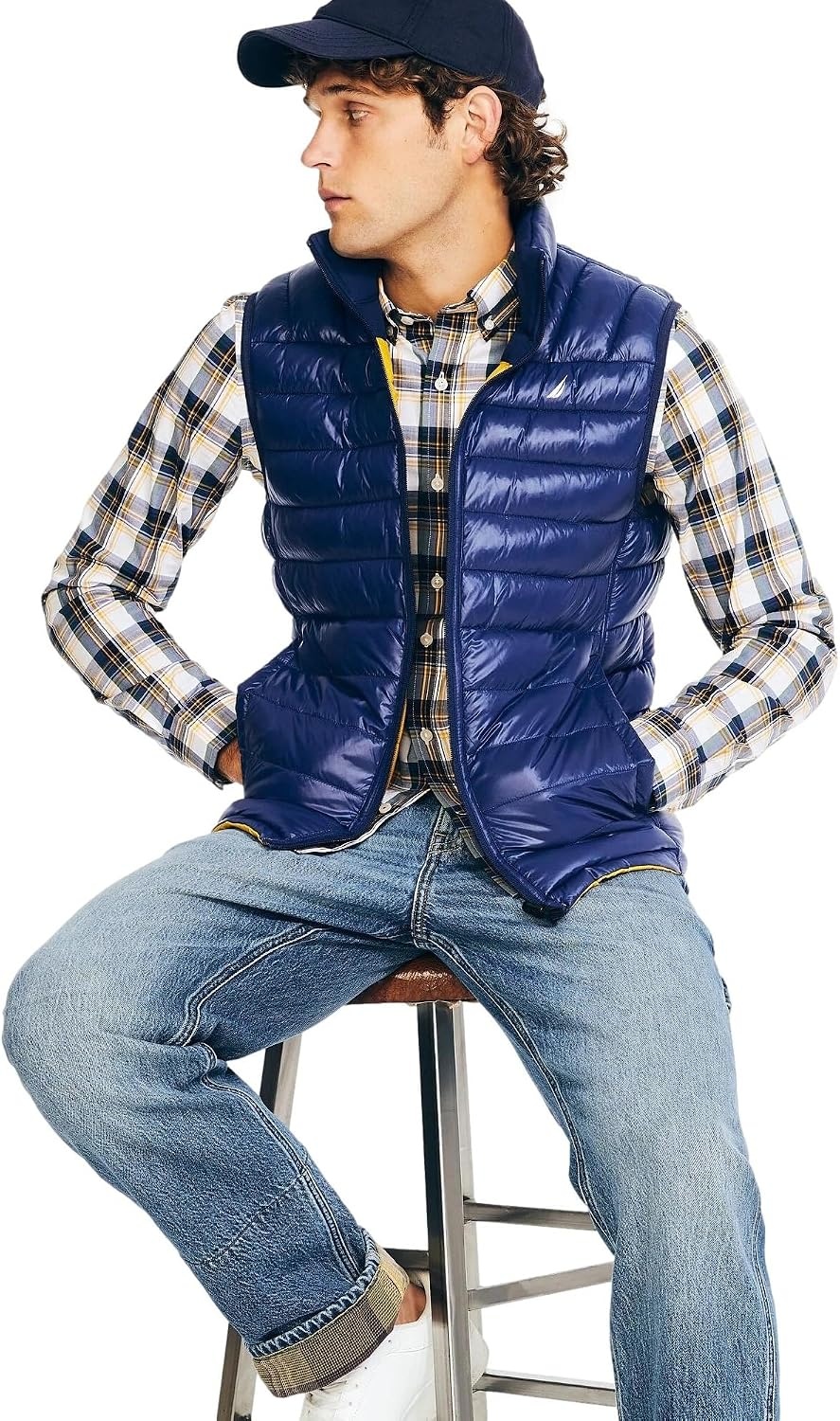 image:imageNautica Mens Lightweight Puffer Vest Wind amp WaterResistantBright Navy Red