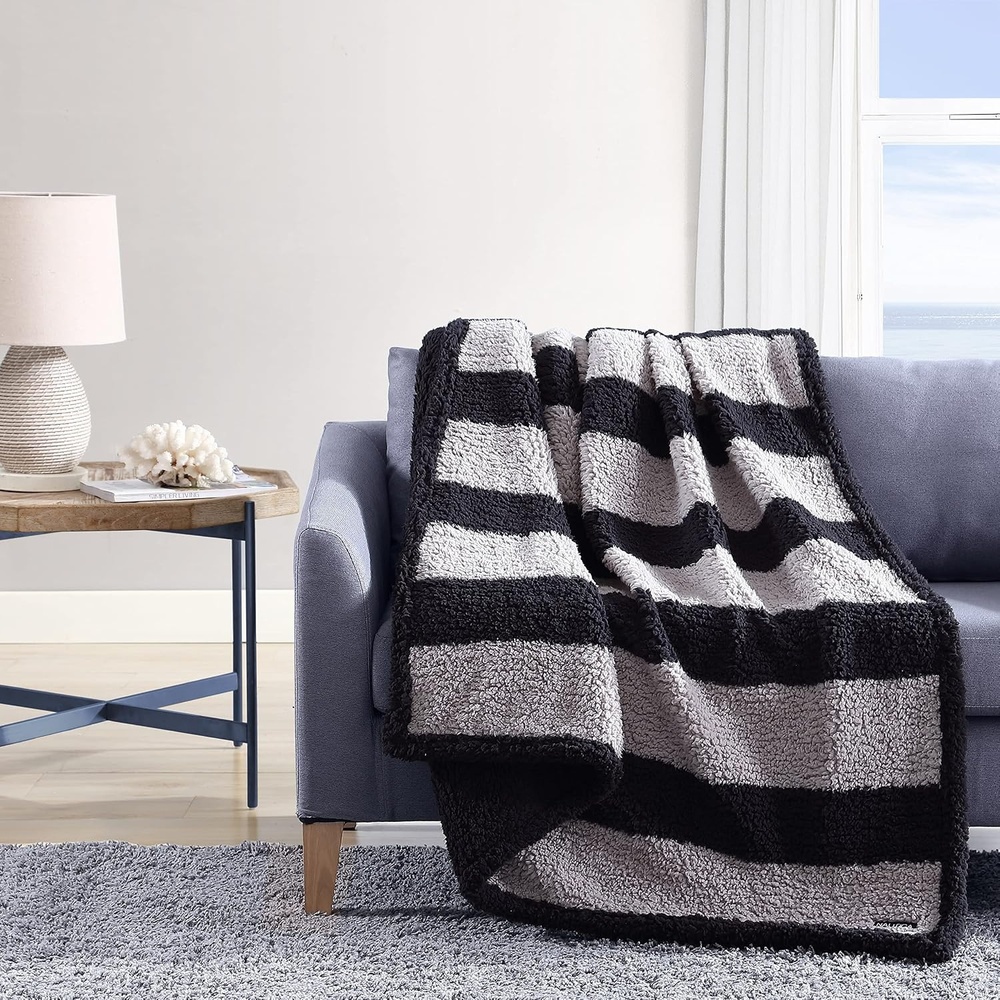 image:imageNautica Throw Blanket Soft Cable Knit Sherpa Bedding Ideal for Bed or Couch Declan Navy 50 x 60Lawndale BlackGrey