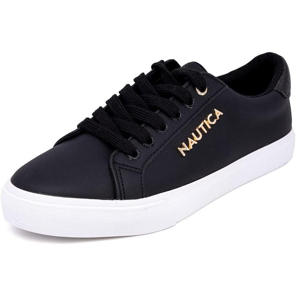image:imageNautica Womens Fashion Sneaker Classic LowTop LaceUp Casual Shoe with Metal Side Logo and Soft Cushioned Comfort for Everyday WearBlack Metallic