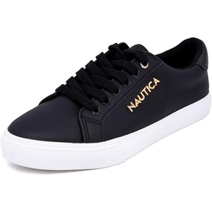 Nautica Women’s Fashion Sneaker, Classic Low-Top Lace-Up Casual Shoe with Metal Side Logo and Soft Cushioned Comfort for Everyday Wear(Black Metallic)
