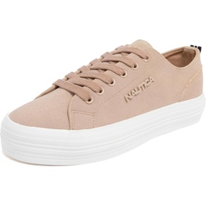 Nautica Women’s Fashion Sneaker, Classic Low-Top Lace-Up Casual Shoe with Metal Side Logo and Soft Cushioned Comfort for Everyday Wear(Sand)