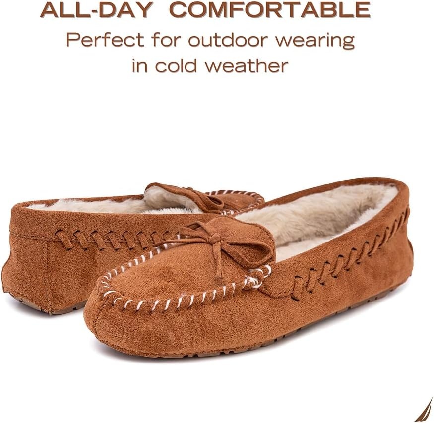 image:imageNautica Women House Fur Slippers Slip On Fuzzy Indoor Outdoor Mocassins Slip Resistant Furry Loafers Microsuede Warm ShoesTan