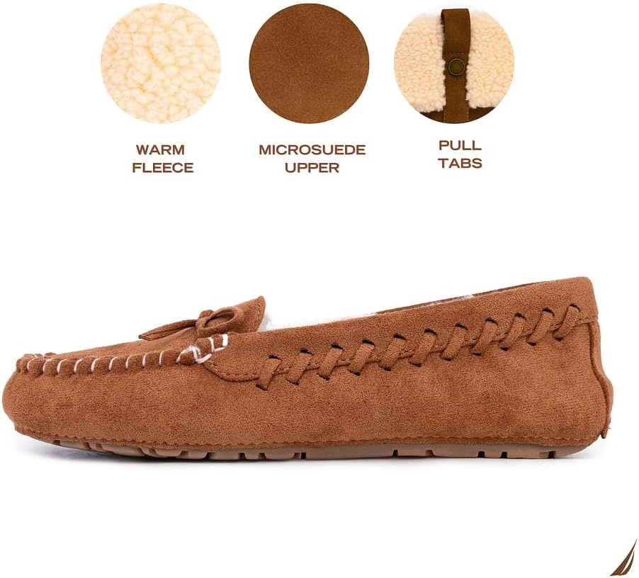 image:imageNautica Women House Fur Slippers Slip On Fuzzy Indoor Outdoor Mocassins Slip Resistant Furry Loafers Microsuede Warm ShoesTan