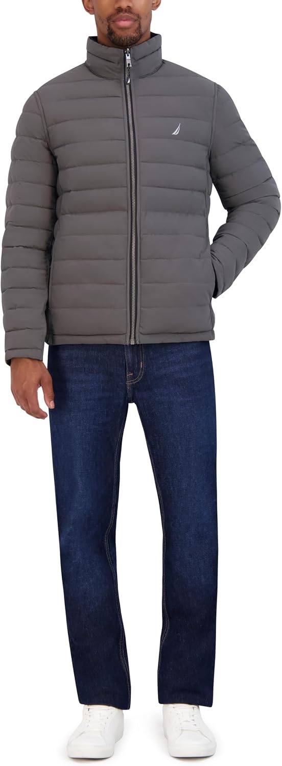image:imageNautica Mens Reversible Quilted Puffer Jacket Midweight Mechanical Stretch Winter CoatBlackGrey